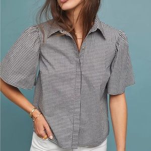 Anthropologie Eri & Ali Brittany black white gingham check puff sleeve top Large